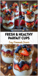 Healthy yogurt parfait cups with layered strawberries, blueberries, and granola in jars.
